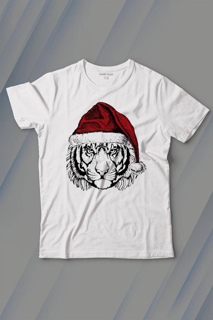 Christmas Kaplan Noel Şapkalı Wild Cat Yılbaşı Beyaz Çocuk Kısa Kollu Tişört - 1