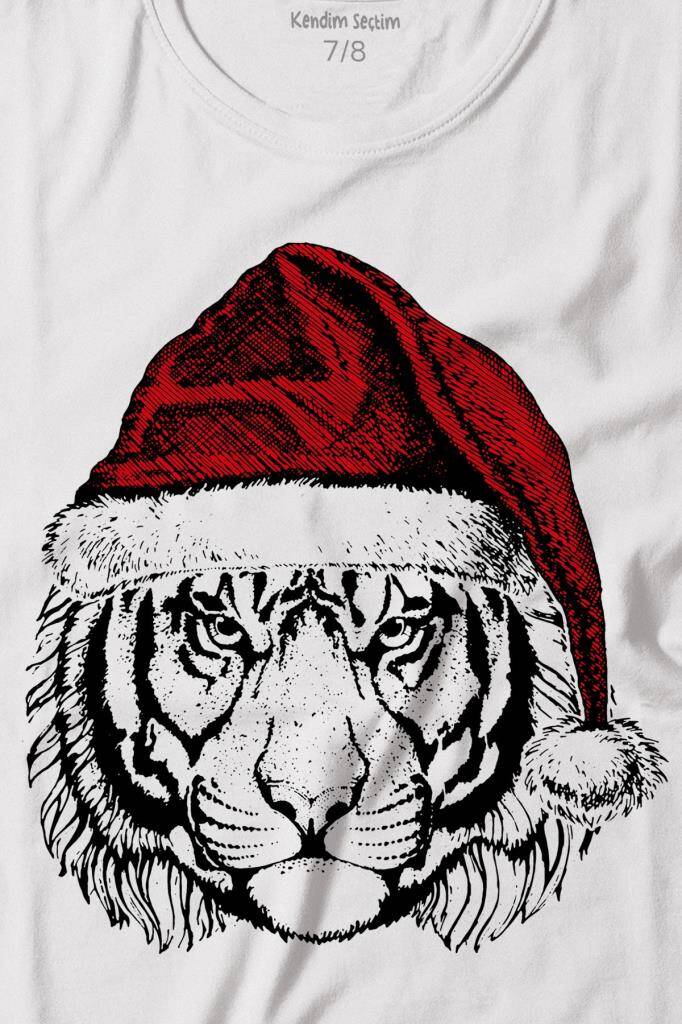 Christmas Kaplan Noel Şapkalı Wild Cat Yılbaşı Beyaz Çocuk Kısa Kollu Tişört - 2