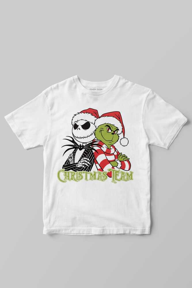 Christmas Team Yazılı Grinch ve Jack Skellington Noel Yılbaşı Beyaz Çocuk Kısa Kollu Tişört