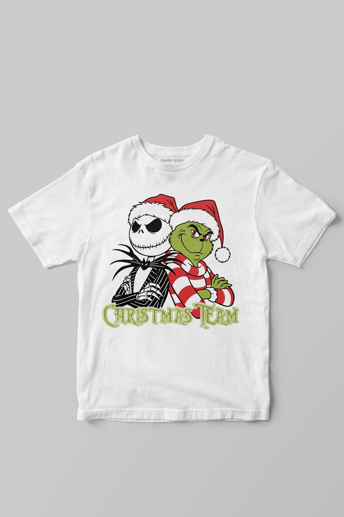 Christmas Team Yazılı Grinch ve Jack Skellington Noel Yılbaşı Beyaz Çocuk Kısa Kollu Tişört - 1