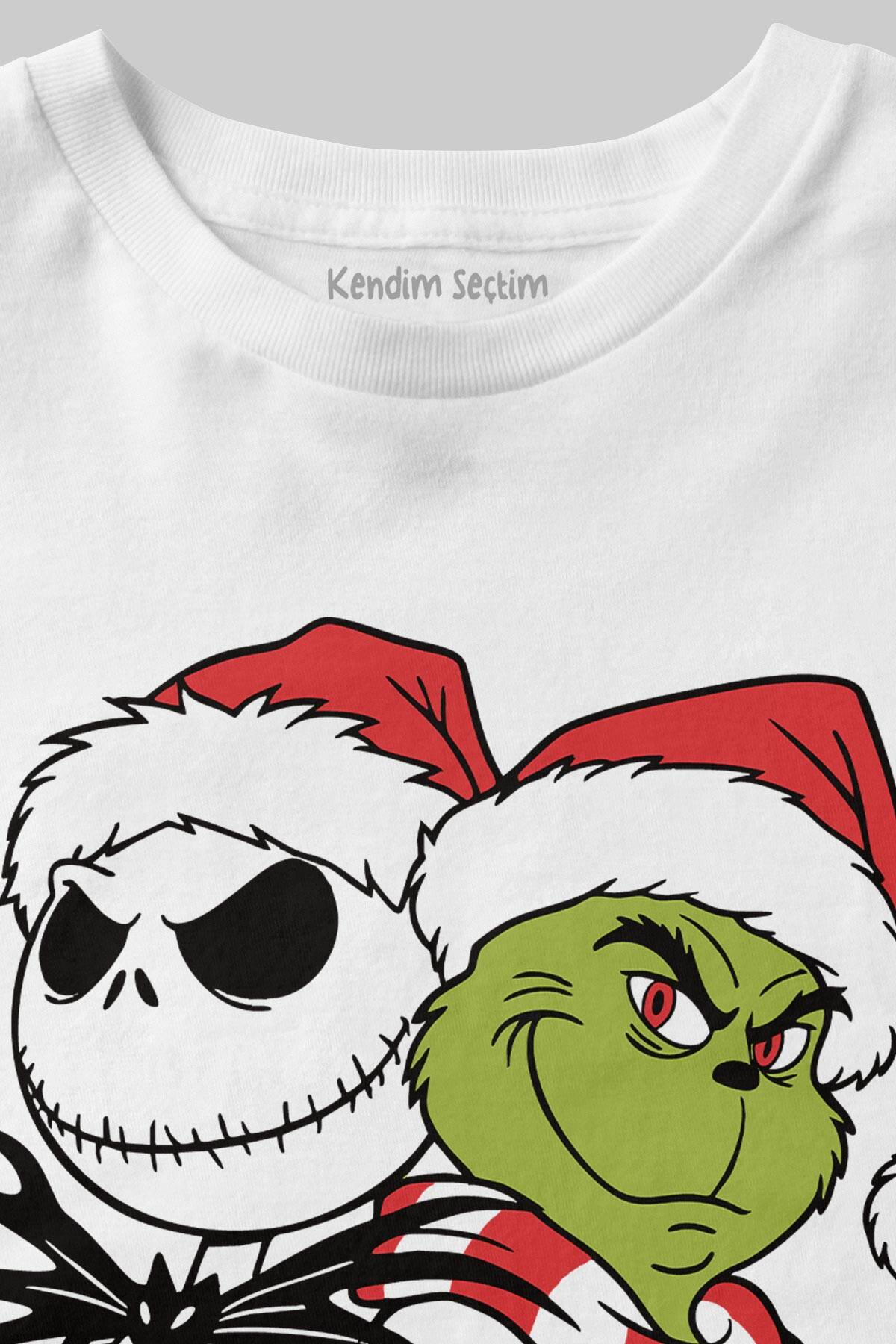 Christmas Team Yazılı Grinch ve Jack Skellington Noel Yılbaşı Beyaz Çocuk Kısa Kollu Tişört - 2