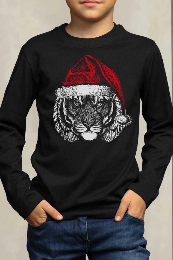 Christmas Tiger Noel Şapkalı Kaplan Wild Cat Yılbaşı Siyah Çocuk Uzun Kollu Tişört