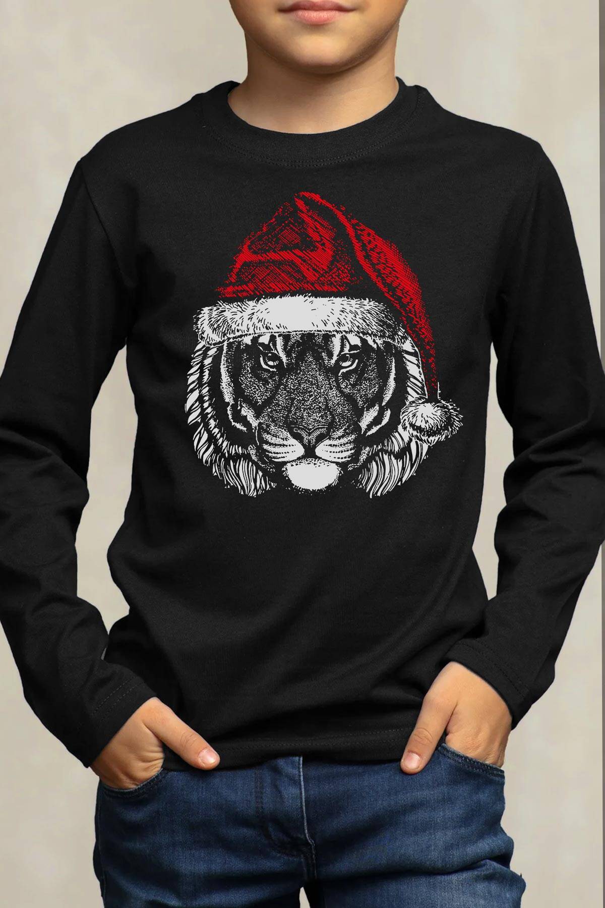 Christmas Tiger Noel Şapkalı Kaplan Wild Cat Yılbaşı Siyah Çocuk Uzun Kollu Tişört - 1