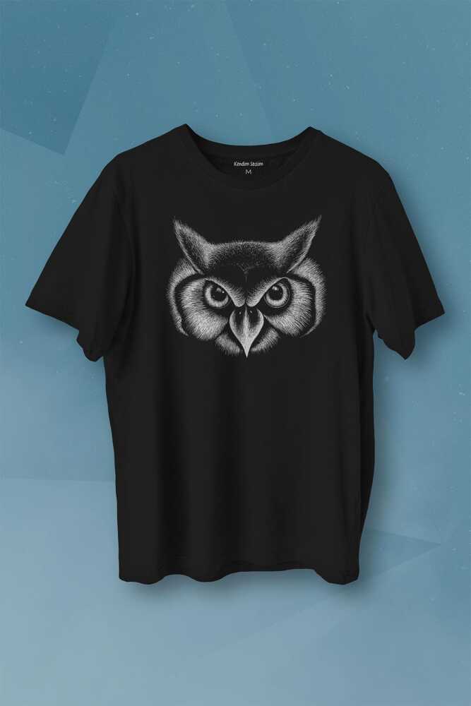 Çizgisel Baykuş Kafası Silueti Owl Baskılı Tişört Unisex