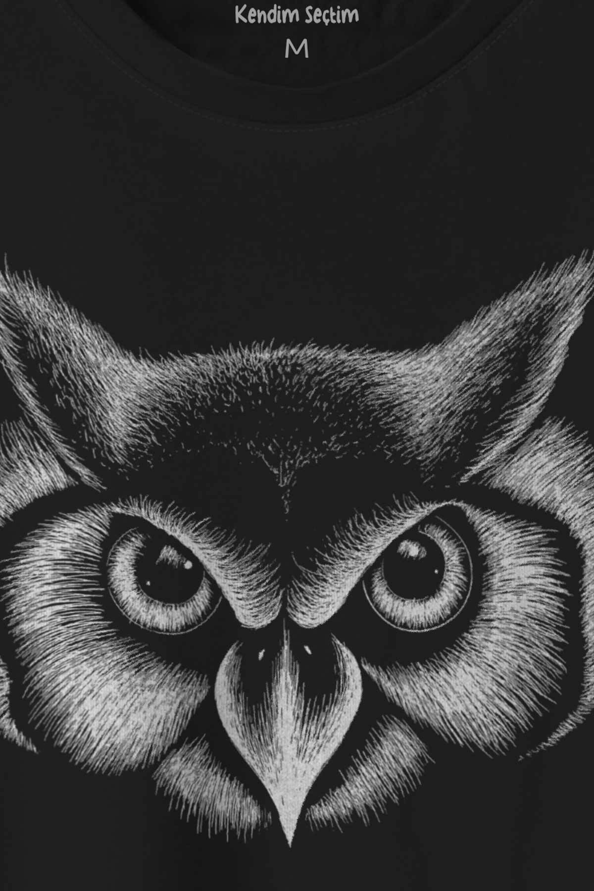 Çizgisel Baykuş Kafası Silueti Owl Baskılı Tişört Unisex - 2