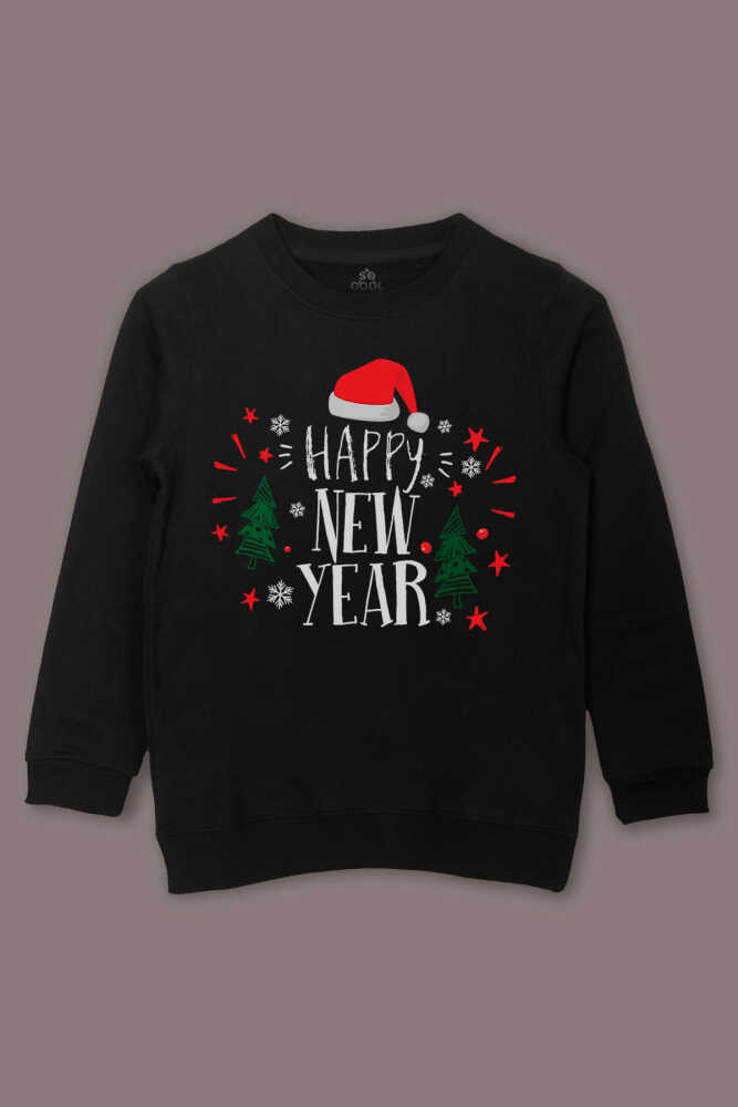 Çocuk Sweatshirt Happy New Year Yeni Yıl Hediye Noel Yılbaşı Baskılı Sweat