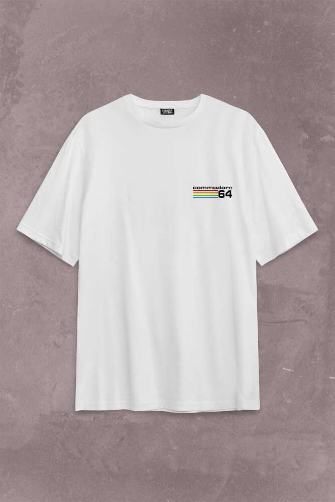 Commodore 64 C64 Logo Antika Bilgisayar Sırt Ön Baskılı Beyaz Oversize Tişört Unisex