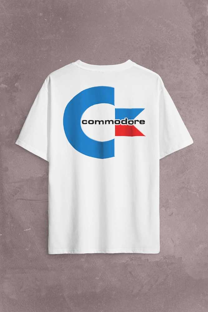 Commodore 64 C64 Logo Antika Bilgisayar Sırt Ön Baskılı Beyaz Oversize Tişört Unisex (1)