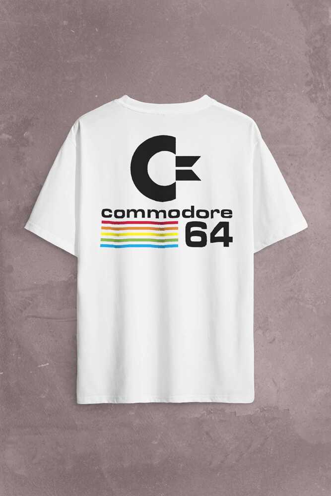 C64 Logo Commodore 64 Antika Bilgisayar Sırt Ön Baskılı Beyaz Oversize Tişört Unisex