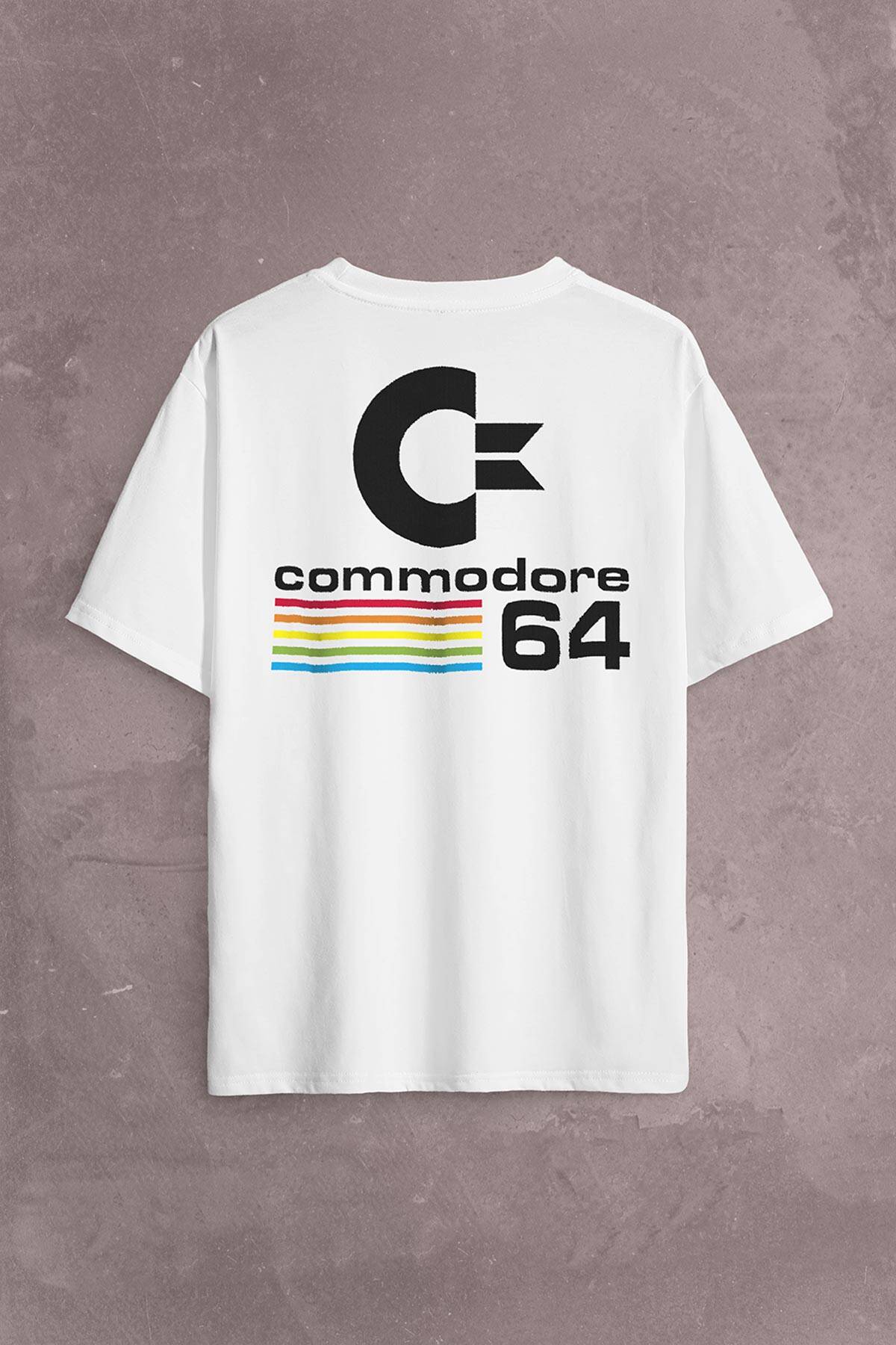 C64 Logo Commodore 64 Antika Bilgisayar Sırt Ön Baskılı Beyaz Oversize Tişört Unisex