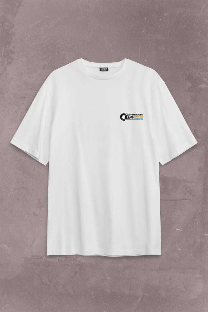 C64 Logo Commodore 64 Antika Bilgisayar Sırt Ön Baskılı Beyaz Oversize Tişört Unisex (1)