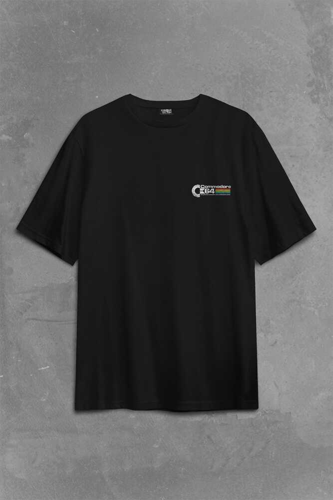 C64 Logo Commodore 64 Antika Bilgisayar Sırt Ön Baskılı Siyah Oversize Tişört Unisex