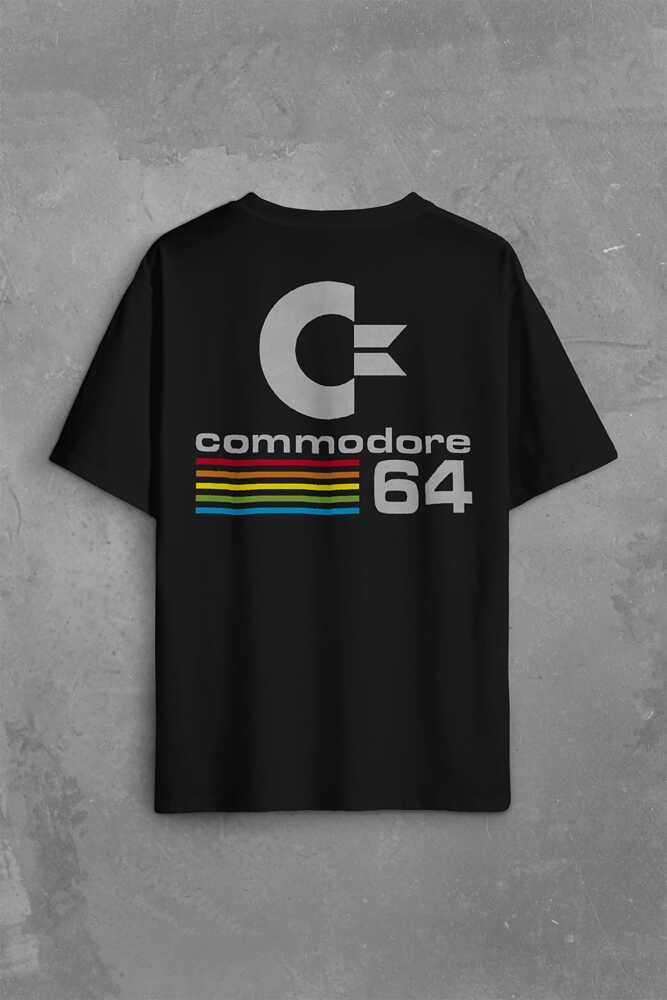 C64 Logo Commodore 64 Antika Bilgisayar Sırt Ön Baskılı Siyah Oversize Tişört Unisex (1)