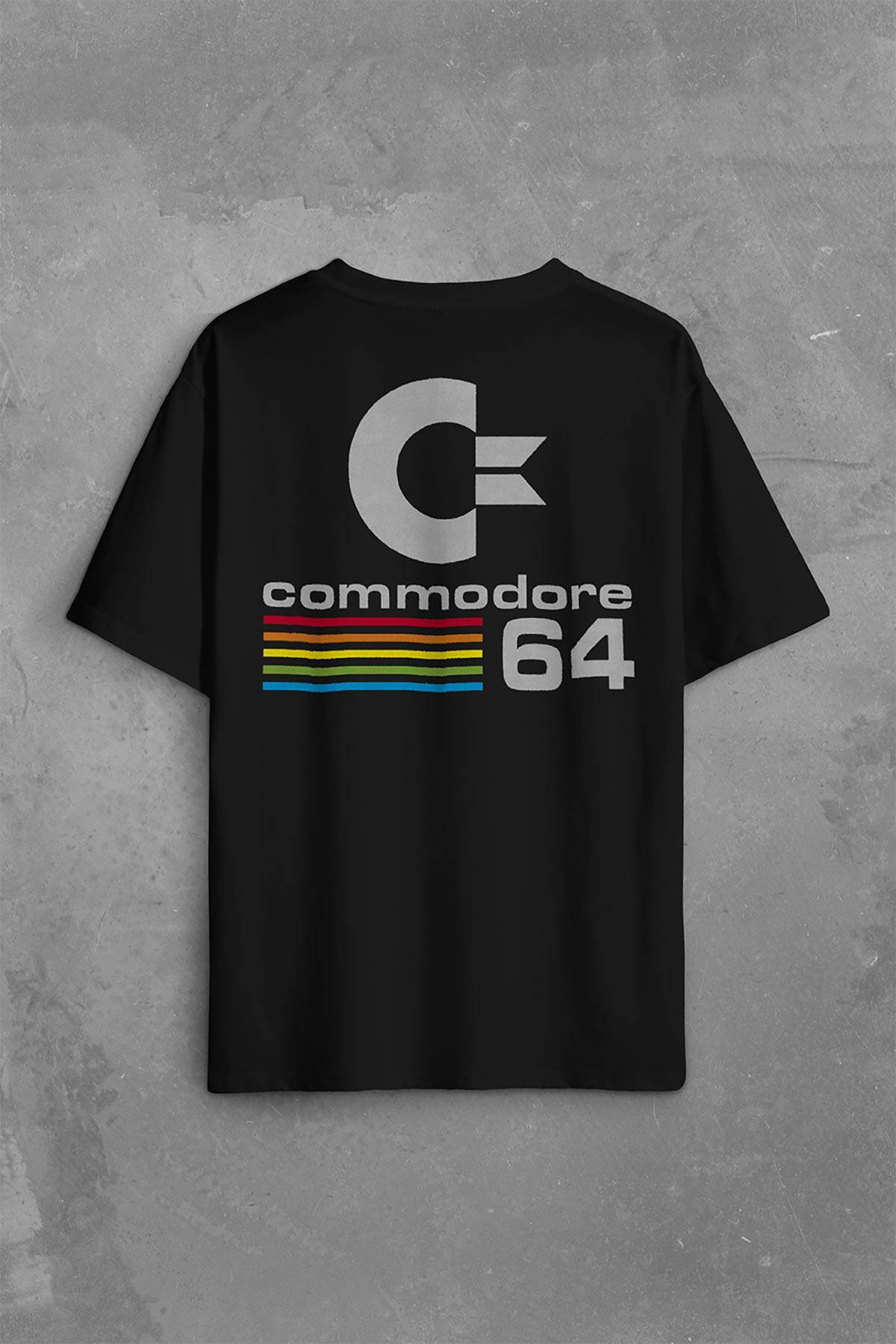 C64 Logo Commodore 64 Antika Bilgisayar Sırt Ön Baskılı Siyah Oversize Tişört Unisex (1)