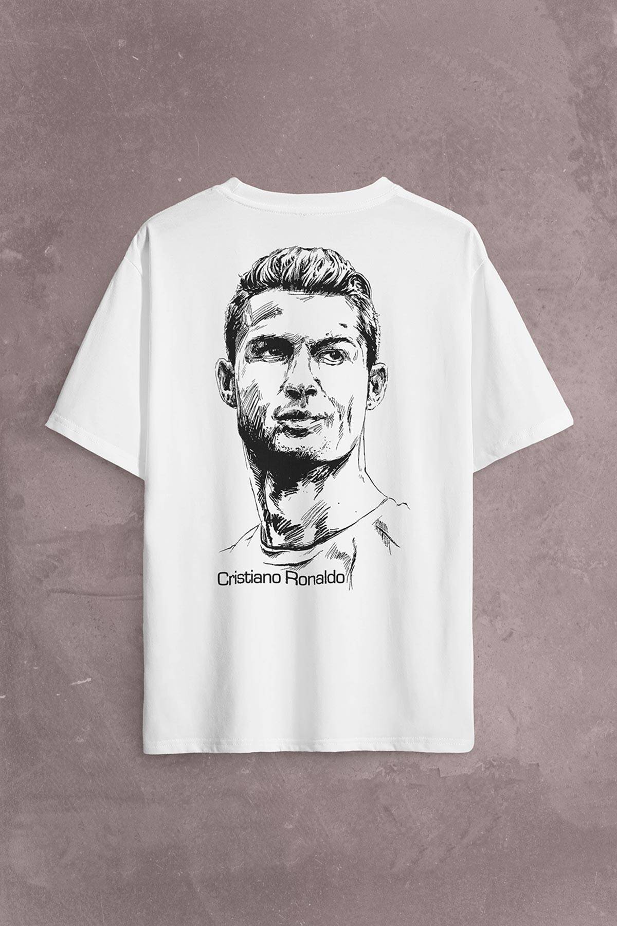 Cristiano Ronaldo Siluet Manchester United Sırt Ön Baskılı Beyaz Oversize Tişört Unisex
