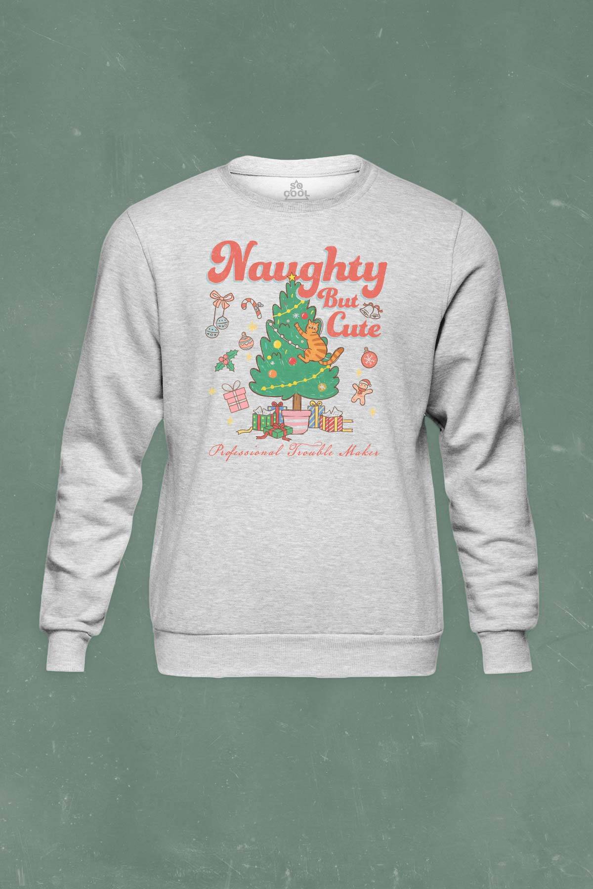 Cute Cat Sevimli Kedi Yeni Yıl Noel Yılbaşı Christmas Baskılı Gri Sweatshirt Bisiklet Yaka - 1
