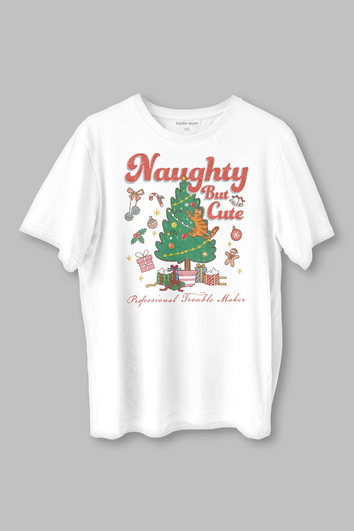 Cute Cat Sevimli Kedi Yeni Yıl Noel Yılbaşı Christmas Baskılı Beyaz Tişört Unisex - 1