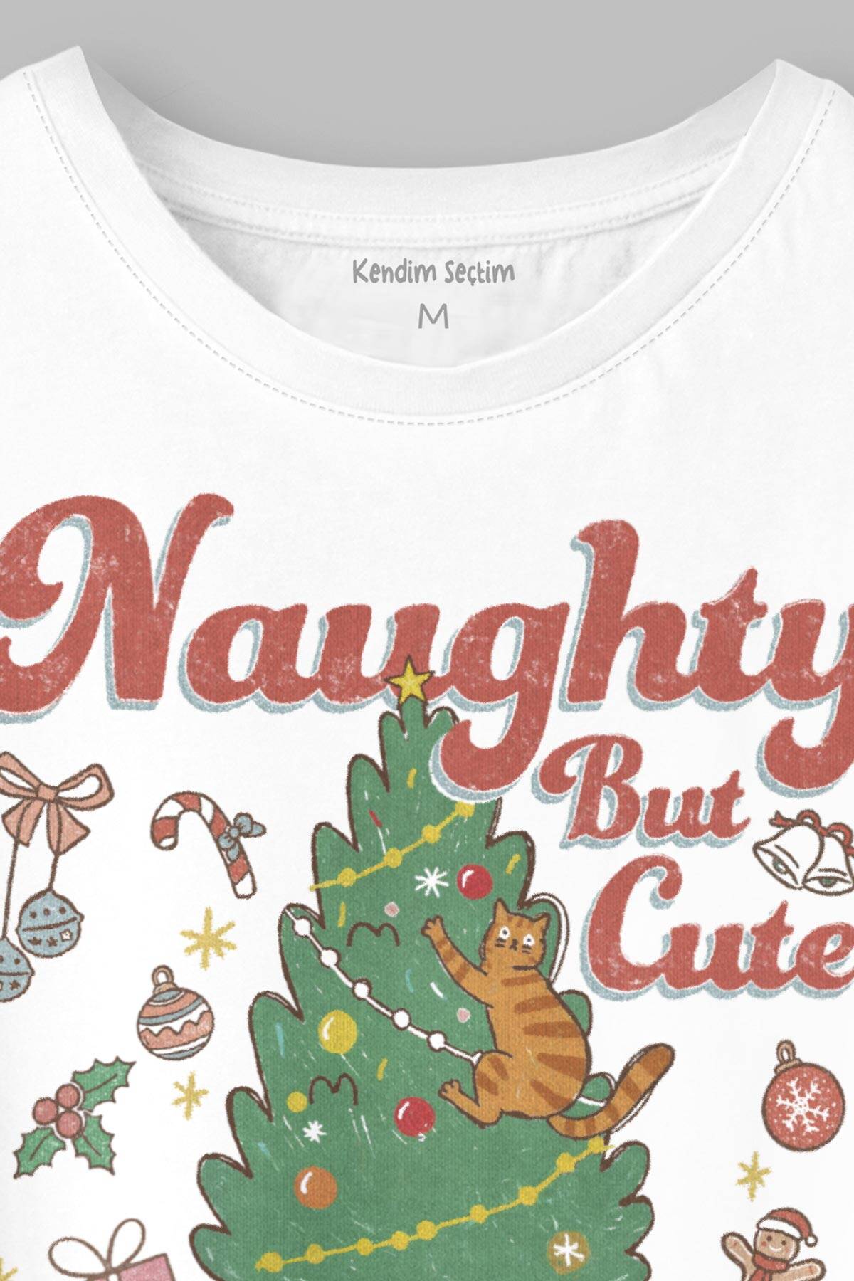 Cute Cat Sevimli Kedi Yeni Yıl Noel Yılbaşı Christmas Baskılı Beyaz Tişört Unisex - 2