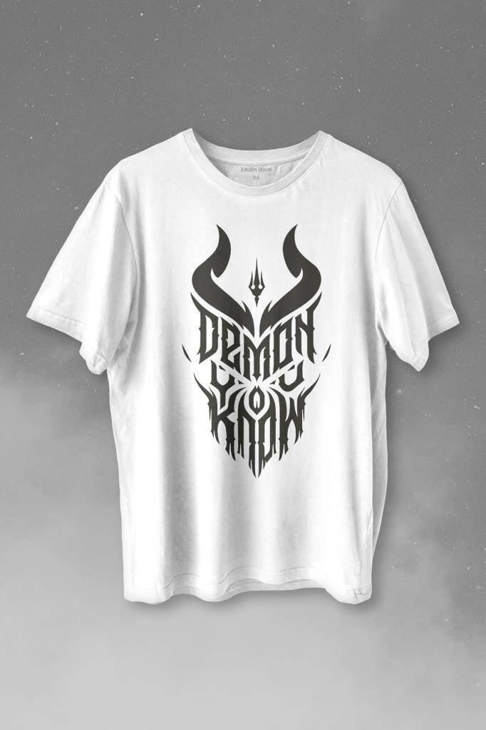 Demon You Know Devil Gothic Grunge Rock Baskılı Tişört Unisex T-shirt - 1
