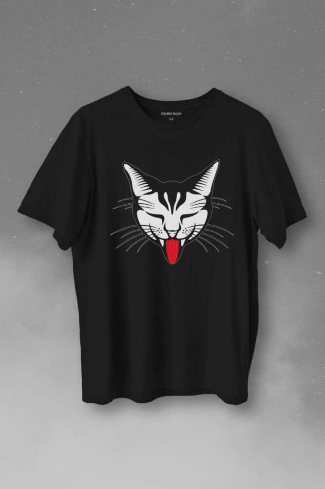 Dilini Çıkaran Sevimli Kedi Cat Music Baskılı Siyah Tişört Unisex