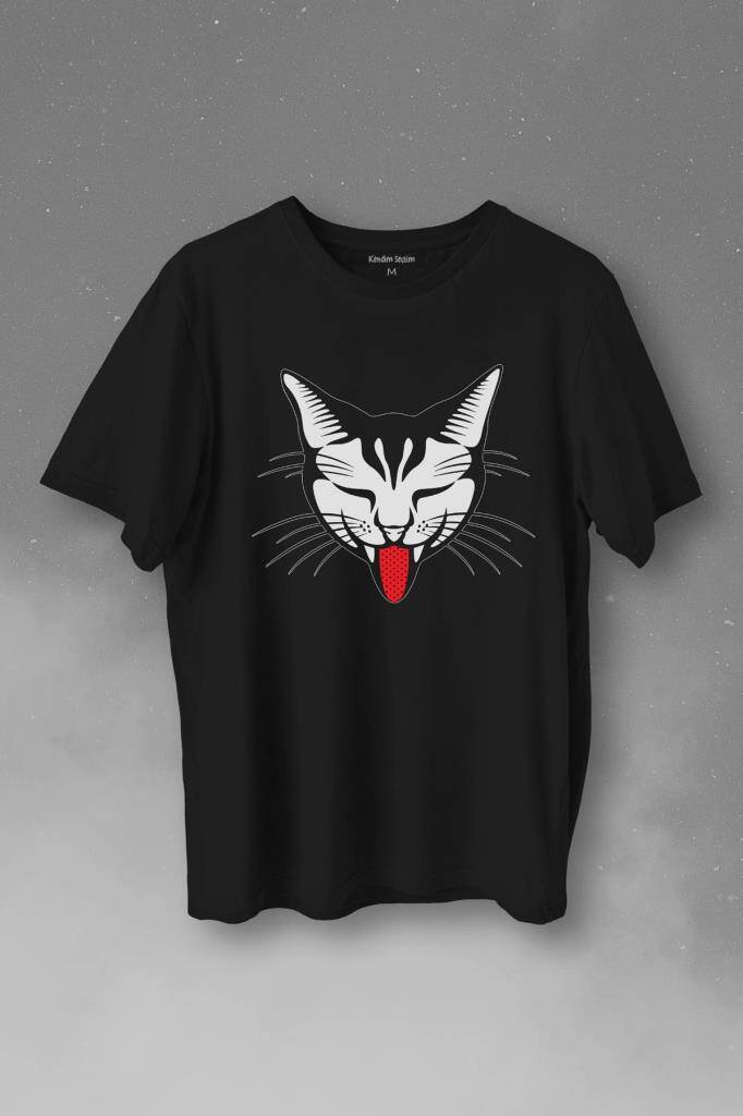 Dilini Çıkaran Sevimli Kedi Cat Music Baskılı Siyah Tişört Unisex
