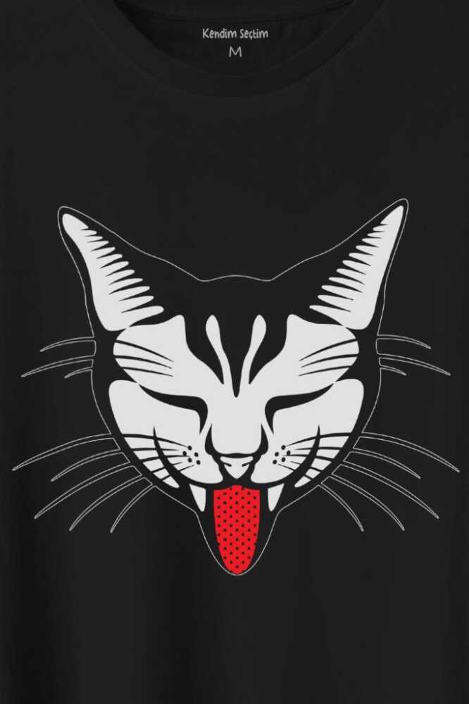 Dilini Çıkaran Sevimli Kedi Cat Music Baskılı Siyah Tişört Unisex (1)
