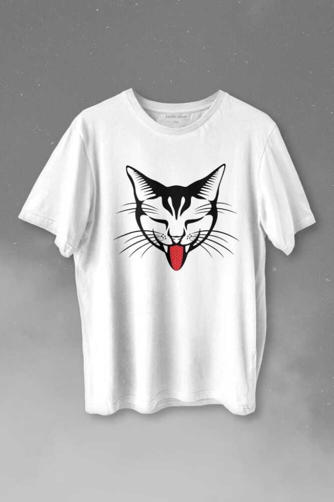 Dilini Çıkaran Sevimli Kedi Cat Music Baskılı Beyaz Tişört Unisex
