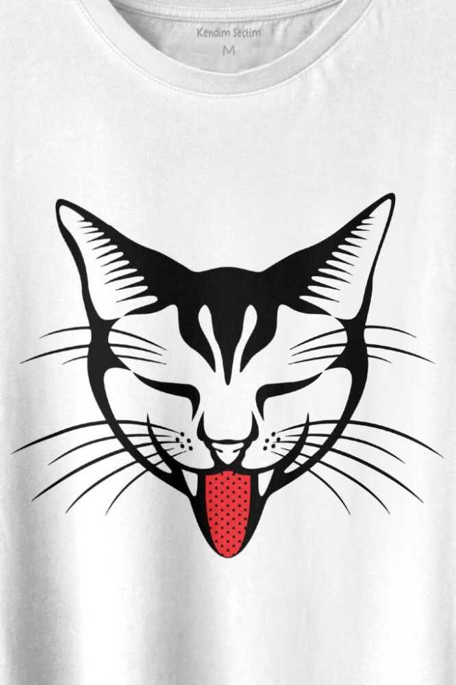 Dilini Çıkaran Sevimli Kedi Cat Music Baskılı Beyaz Tişört Unisex (1)