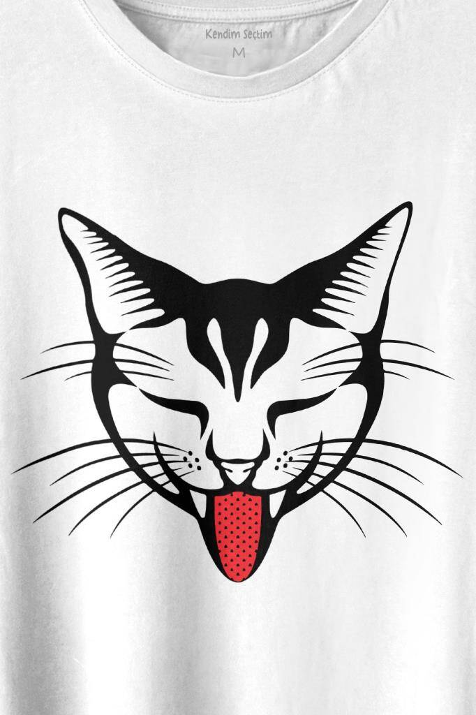 Dilini Çıkaran Sevimli Kedi Cat Music Baskılı Beyaz Tişört Unisex (1)