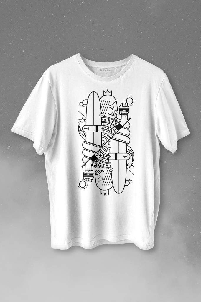 Disenos Papaz İskambil Kağıdı Çizim Baskılı Beyaz Tişört Unisex