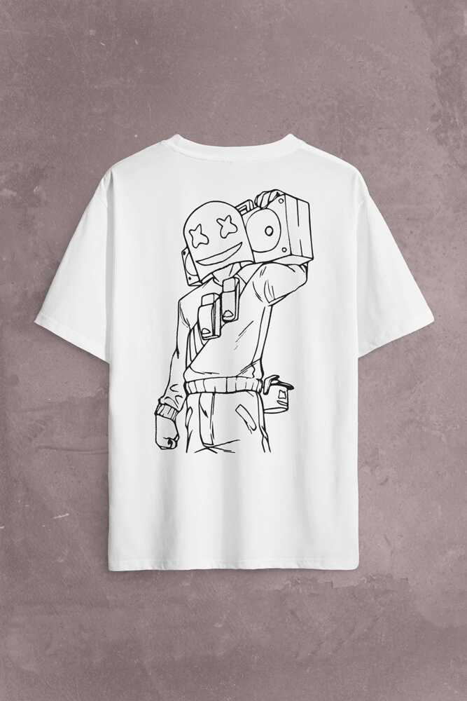 Dj Marshmello Teyp Sırt Ön Baskılı Beyaz Oversize Tişört Unisex