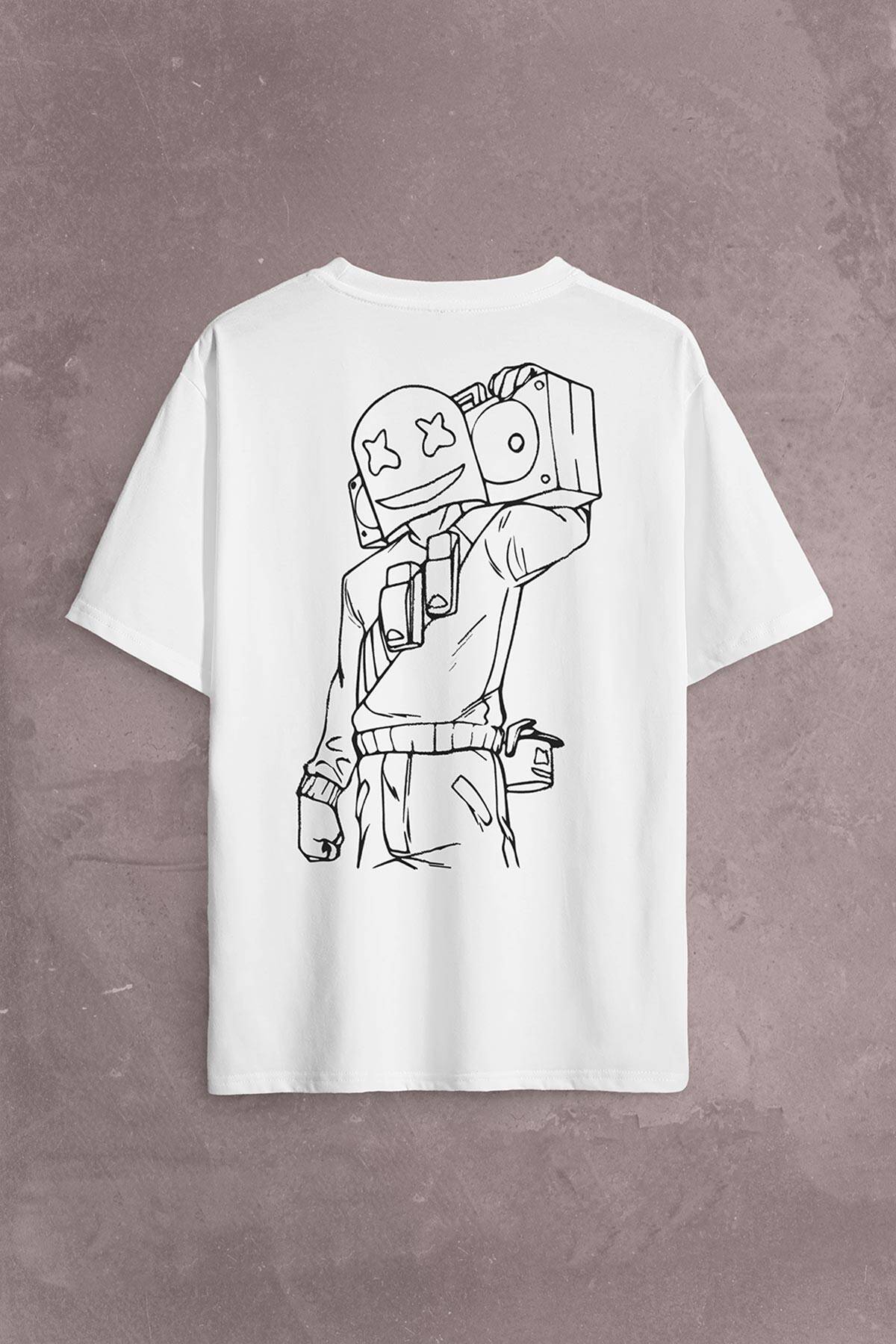 Dj Marshmello Teyp Sırt Ön Baskılı Beyaz Oversize Tişört Unisex