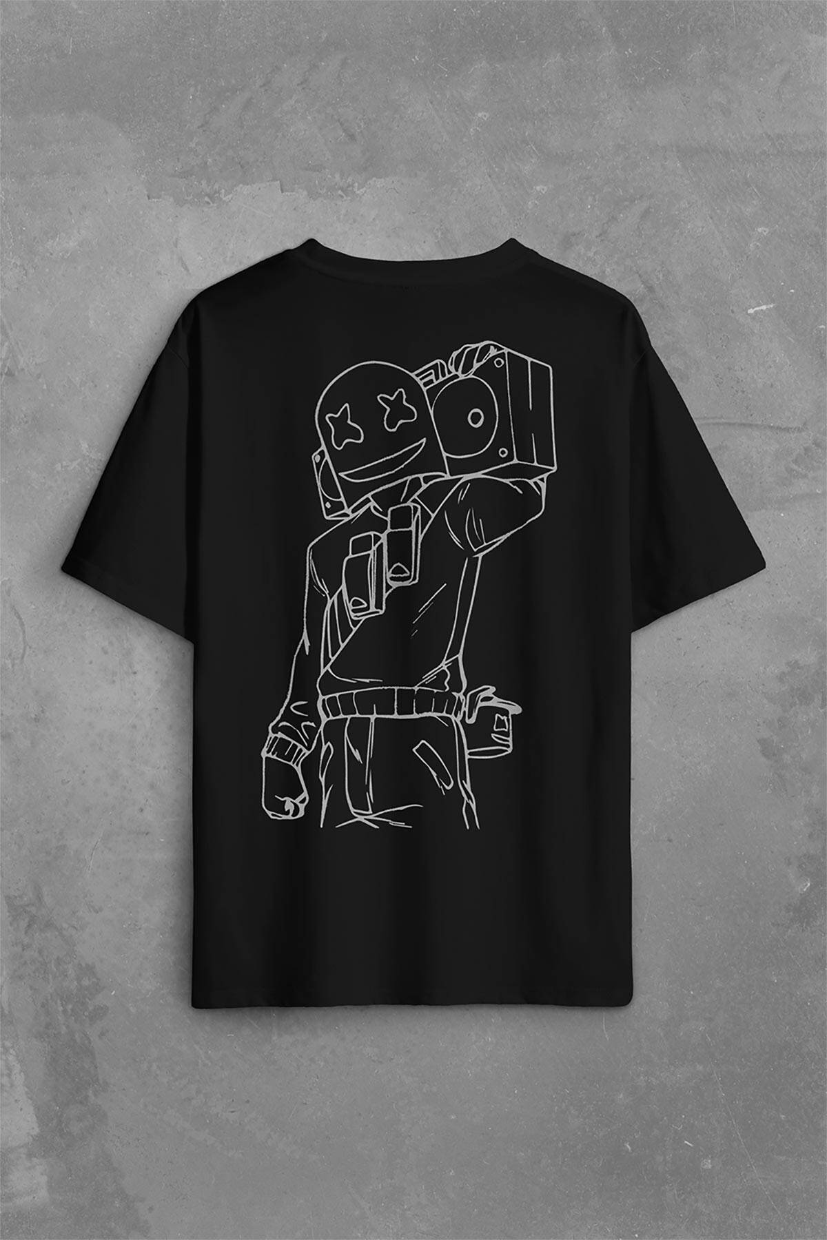 Dj Marshmello Teyp Sırt Ön Baskılı Siyah Oversize Tişört Unisex