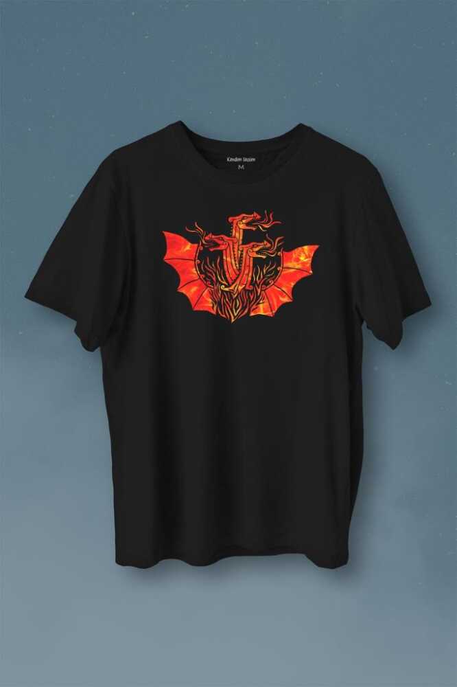 Dragon House Of Targaryen Aegon Ejder Alev Baskılı Siyah Tişört Unisex - 1