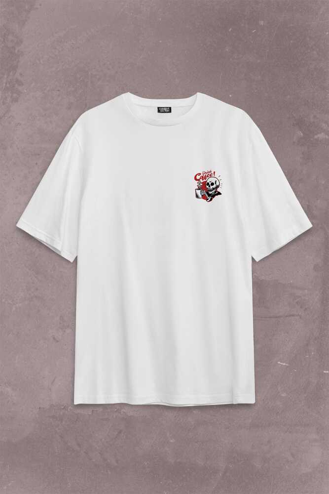 Drink Coffee Skull Kahve Funny Eğlence Sırt Ön Baskılı Beyaz Oversize Tişört Unisex (1)