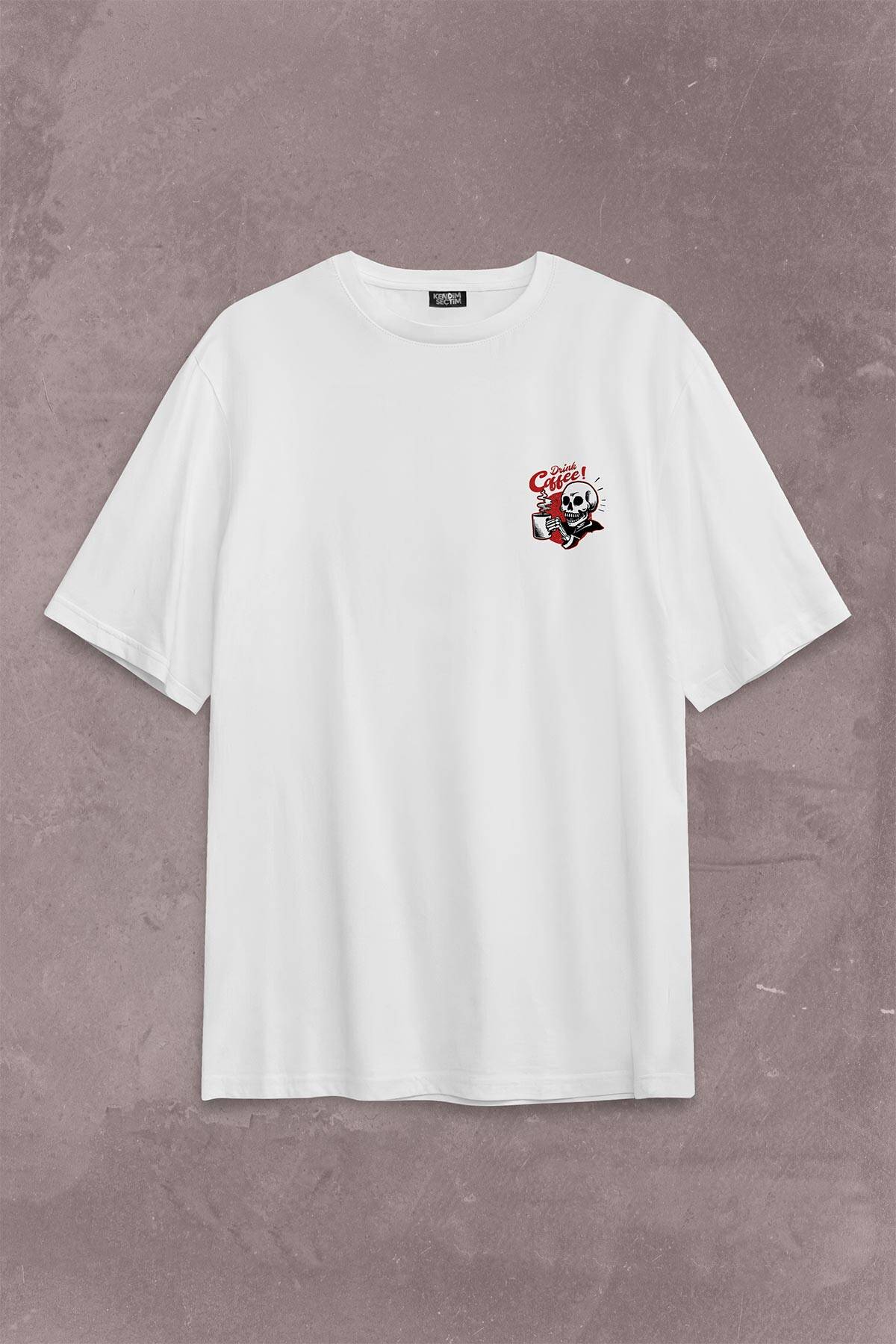 Drink Coffee Skull Kahve Funny Eğlence Sırt Ön Baskılı Beyaz Oversize Tişört Unisex (1)