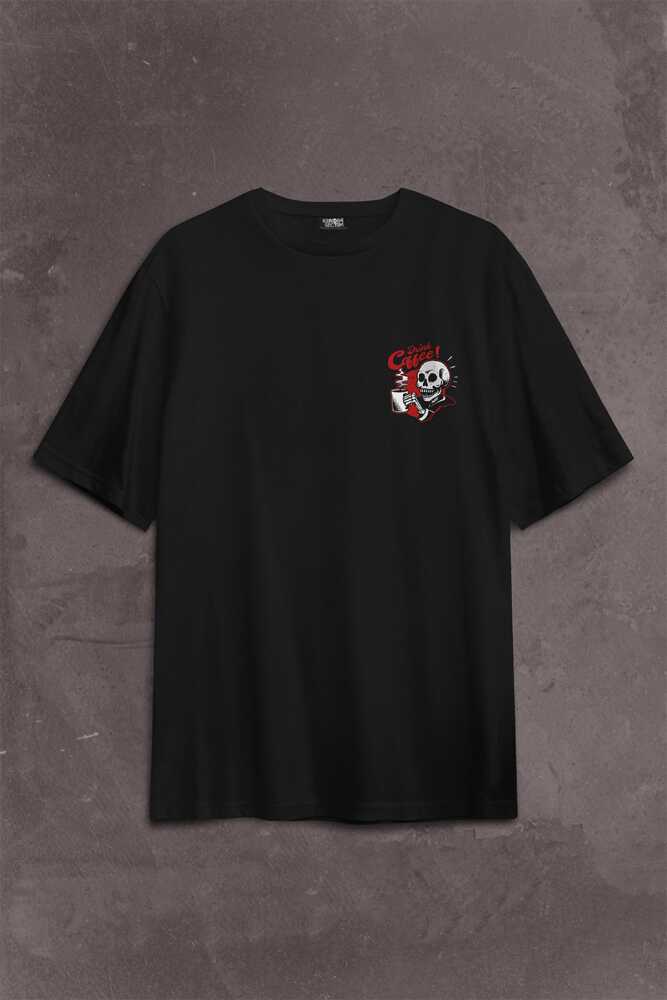 Drink Coffee Skull Kahve Funny Eğlence Sırt Ön Baskılı Siyah Oversize Tişört Unisex (1)