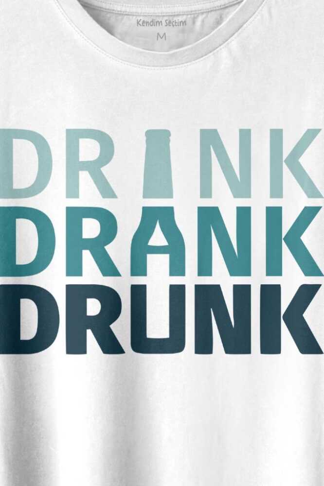Drink Drank Drunk Tipografi Baskılı Beyaz Tişört Unisex - 2