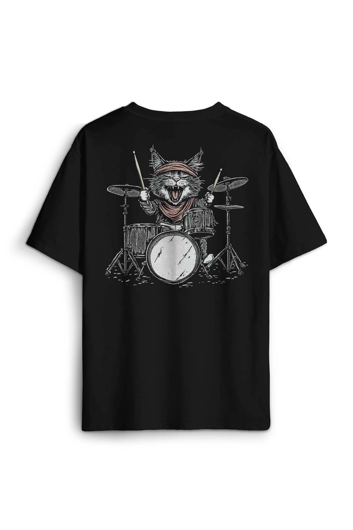 Drummer Cat Kedi Davulcu Müzik Music Drum Cute Baskılı Siyah Unisex Oversize Tişört - 2