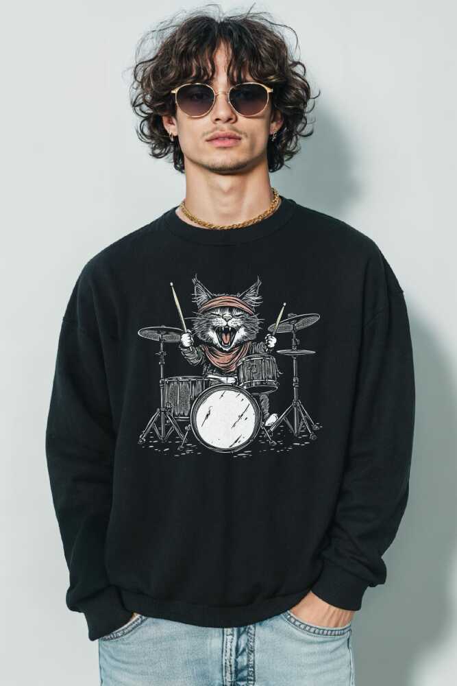 Drummer Cat Kedi Davulcu Müzik Music Drum Cute Baskılı Siyah Sweat