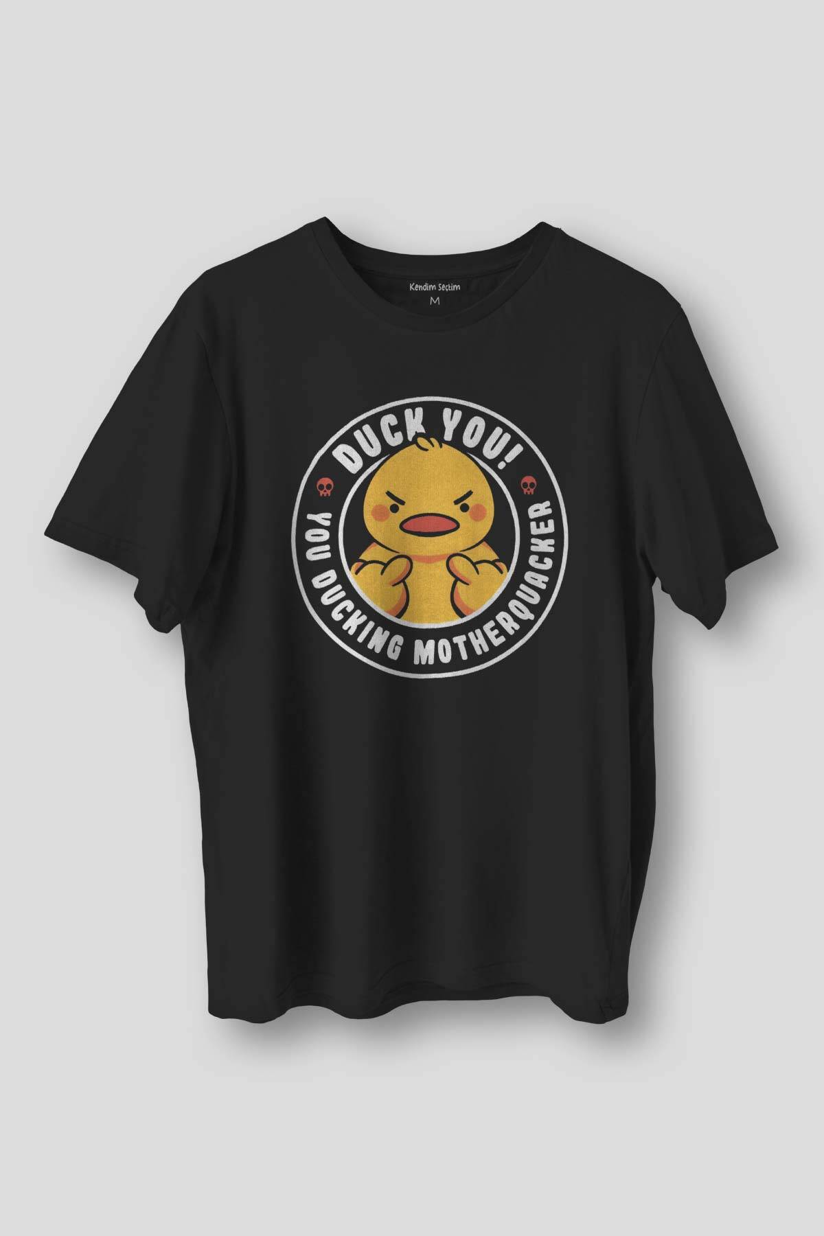 Duck You Ducking Duck Funny Eğlenceli Unisex Siyah T-shirt  Sarı Civciv Baskılı Tişört