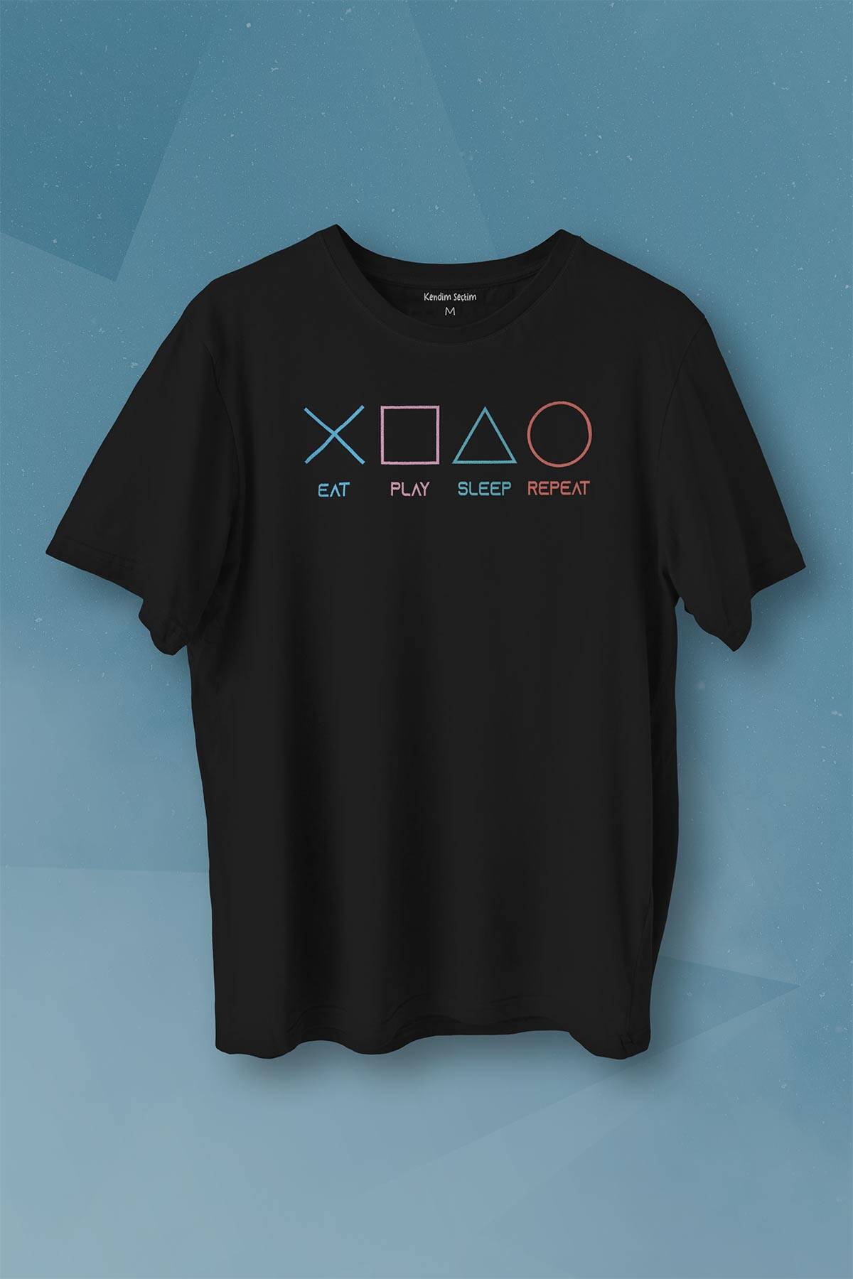 Eat Play Sleep Repeat Gamer Oyun Baskılı Siyah Tişört Unisex