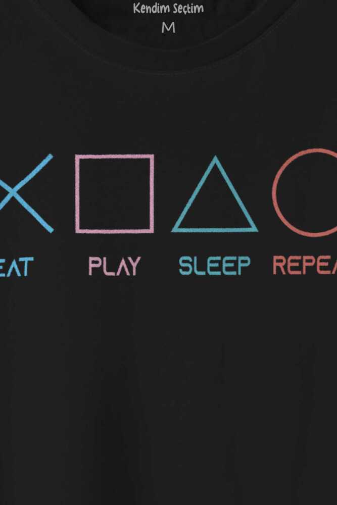 Eat Play Sleep Repeat Gamer Oyun Baskılı Siyah Tişört Unisex (1)