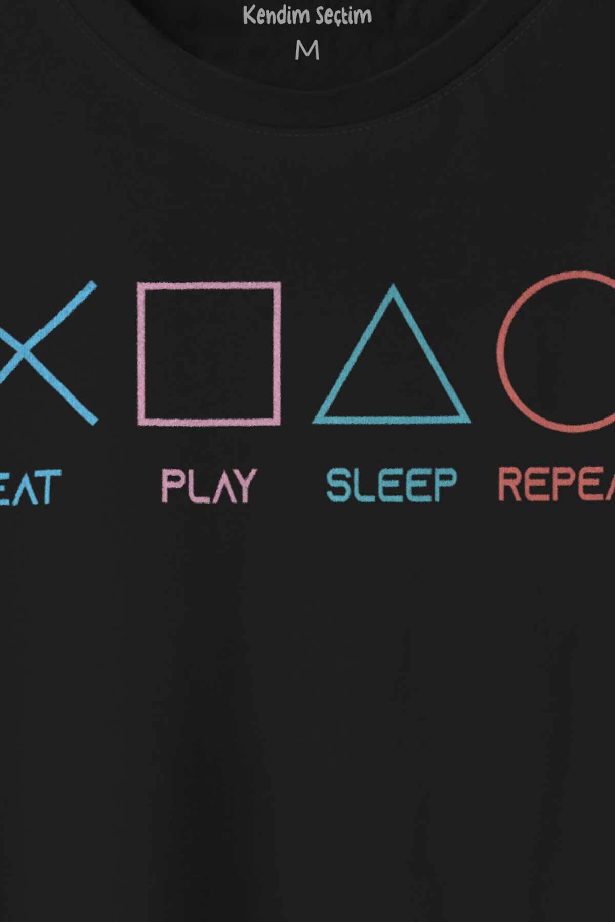 Eat Play Sleep Repeat Gamer Oyun Baskılı Siyah Tişört Unisex (1)