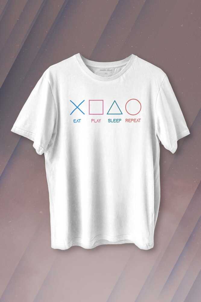 Eat Play Sleep Repeat Gamer Oyun Baskılı Beyaz Tişört Unisex