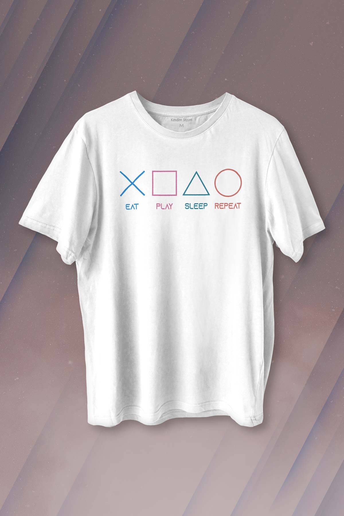 Eat Play Sleep Repeat Gamer Oyun Baskılı Beyaz Tişört Unisex