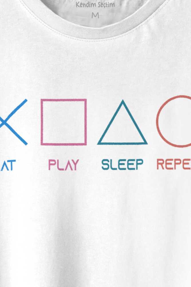 Eat Play Sleep Repeat Gamer Oyun Baskılı Beyaz Tişört Unisex (1)