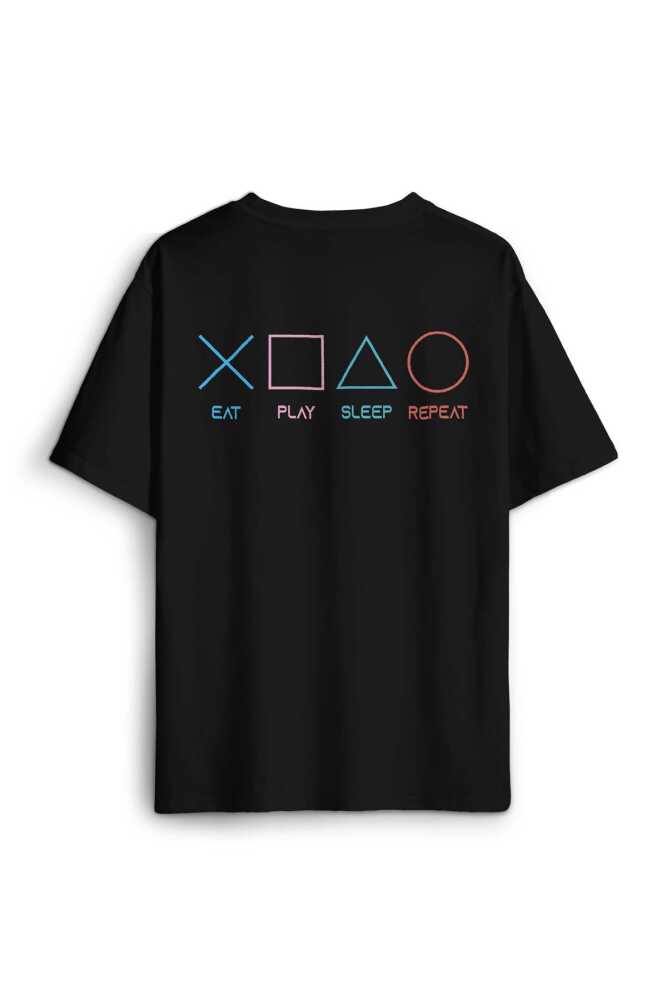 Eat Play Sleep Repeat Gamer Oyun Sırt Ön Baskılı Oversize Tişört Unisex