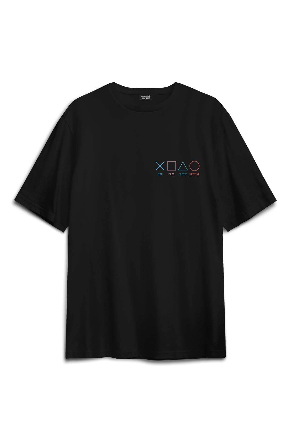 Eat Play Sleep Repeat Gamer Oyun Sırt Ön Baskılı Oversize Tişört Unisex (1)
