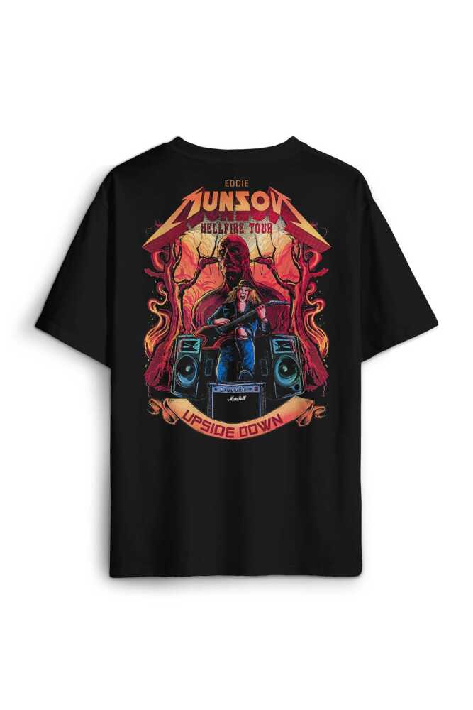 Eddie Munson Hell Fire Club Hellfire Rock Metal Film Sırt Ön Baskılı Oversize Tişört Unisex - 1